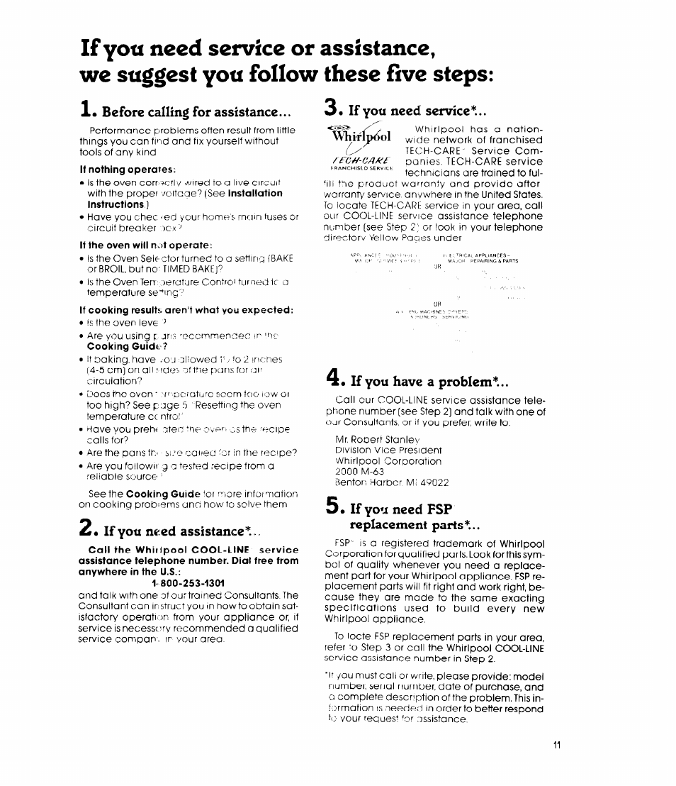 2« if you n«ted assistance, If you have a problem, If yo*j need fsp | Replacement parts, If yo*j need fsp replacement parts | Whirlpool 27-inch Built-In Electric R8700PXS User Manual | Page 11 / 12