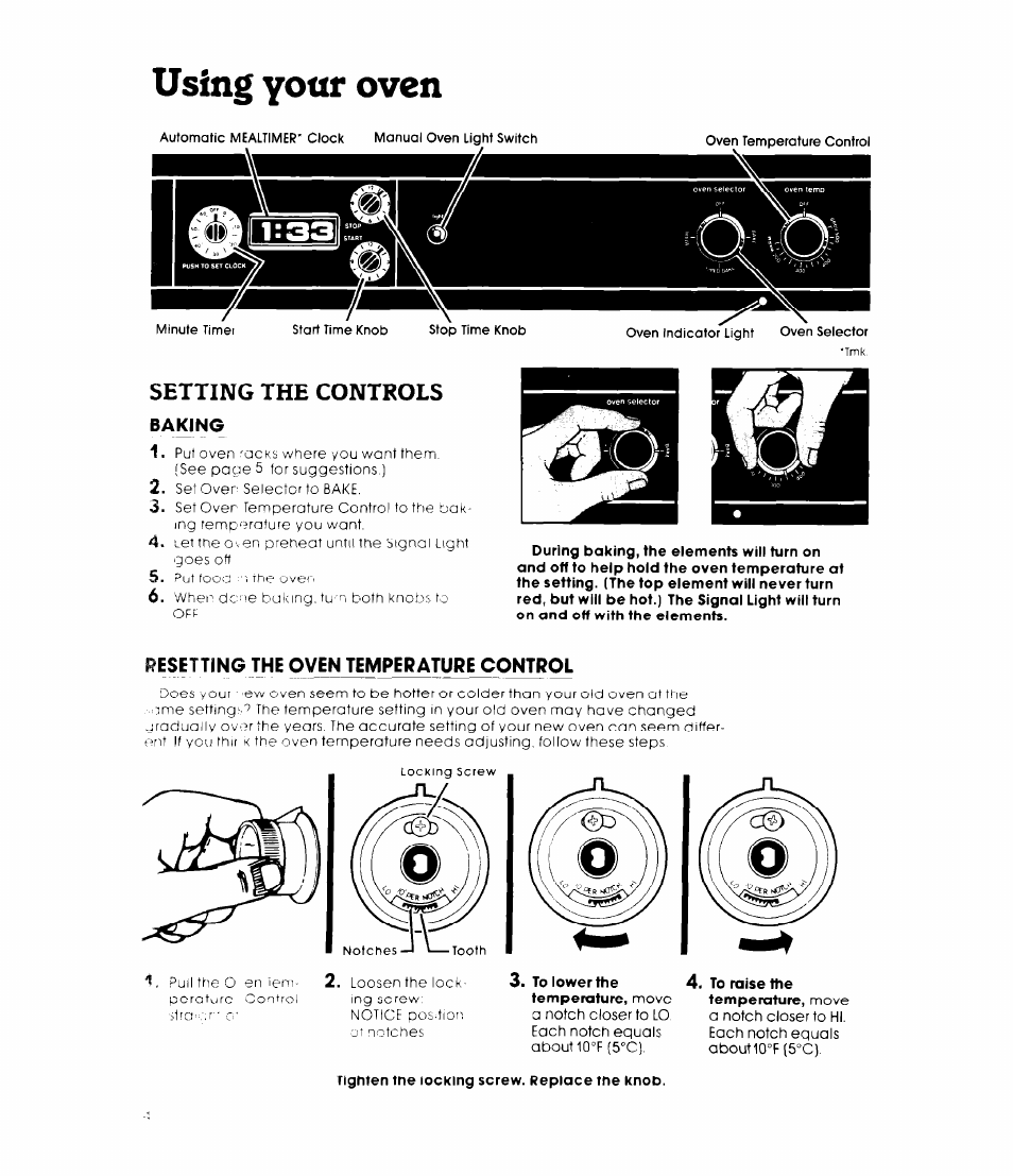 Setting the controls, Baking, I?esetting the oven temperature control | Tighten the locking screw. replace the knob, Using yofxr oven | Whirlpool 27-inch Built-In Electric R8700PXS User Manual | Page 4 / 12