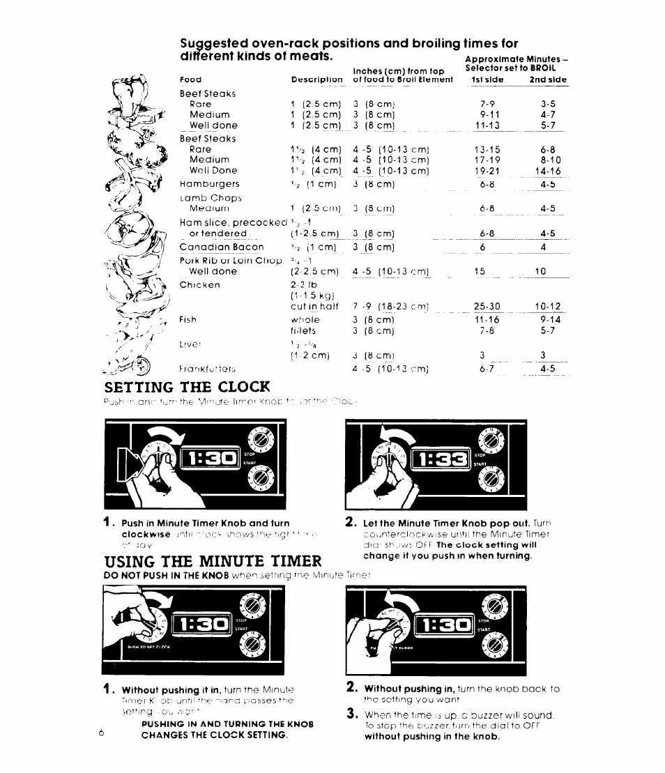 Suggested ovendifferent kinds of, Rack positions and broiling times for meats, Setting the clock | Using the minute timer | Whirlpool 27-inch Built-In Electric R8700PXS User Manual | Page 6 / 12