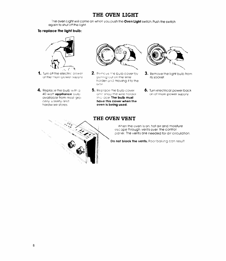 The oven light, The oven vent, Oven light | Oven vent | Whirlpool 27-inch Built-In Electric R8700PXS User Manual | Page 8 / 12