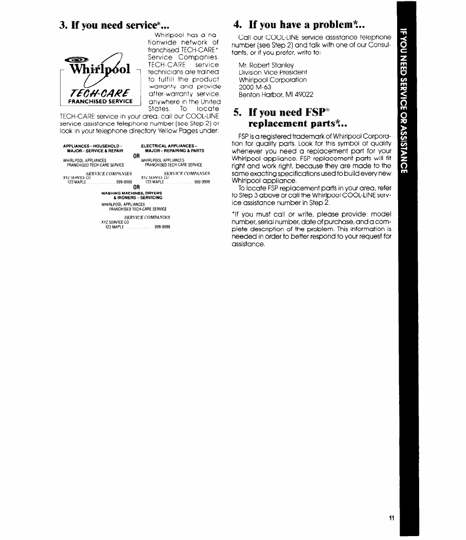 If you need serviee, If you have a problem, If you need fsp® replaeement parts | Whir ol | Whirlpool EH090F User Manual | Page 11 / 12