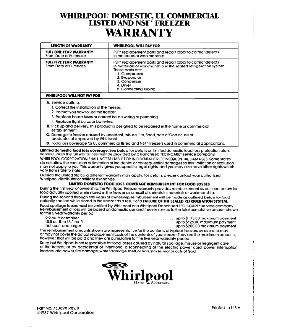 Whirlpool, Warranty | Whirlpool EH090F User Manual | Page 12 / 12