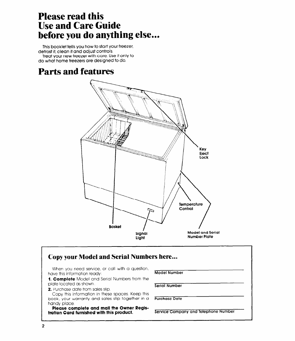 Please read this, Use and care guide, Before you do anything else | Parts and features, Copy your model and serial numbers here | Whirlpool EH090F User Manual | Page 2 / 12