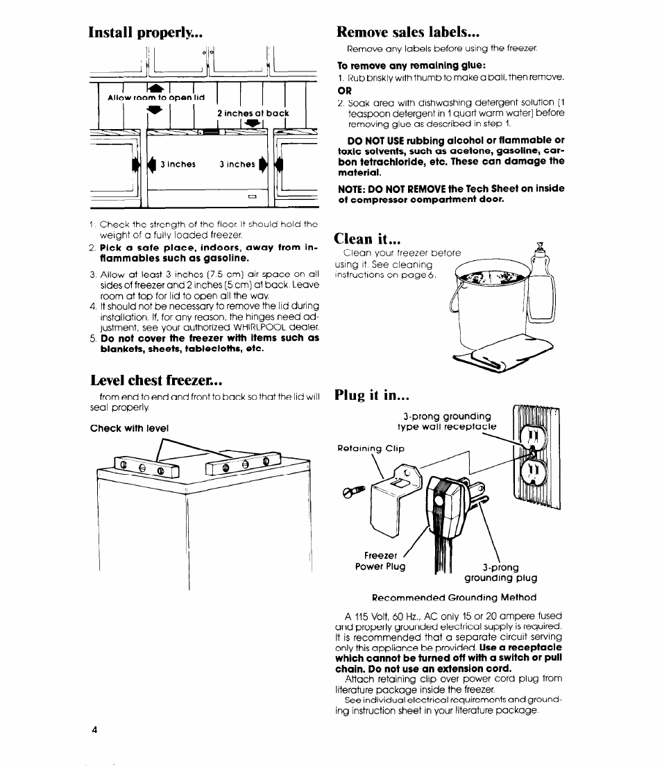 Install properly, Remove sales labels, Level chest freezer | Level chest freezer remove sales labels, Install properly... remove sales labels | Whirlpool EH090F User Manual | Page 4 / 12