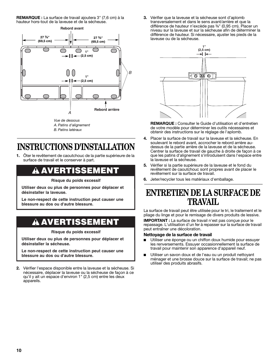 Instructions d'installation, Entretien de la surface de travail, Avertissement | Whirlpool W10101296A User Manual | Page 10 / 12