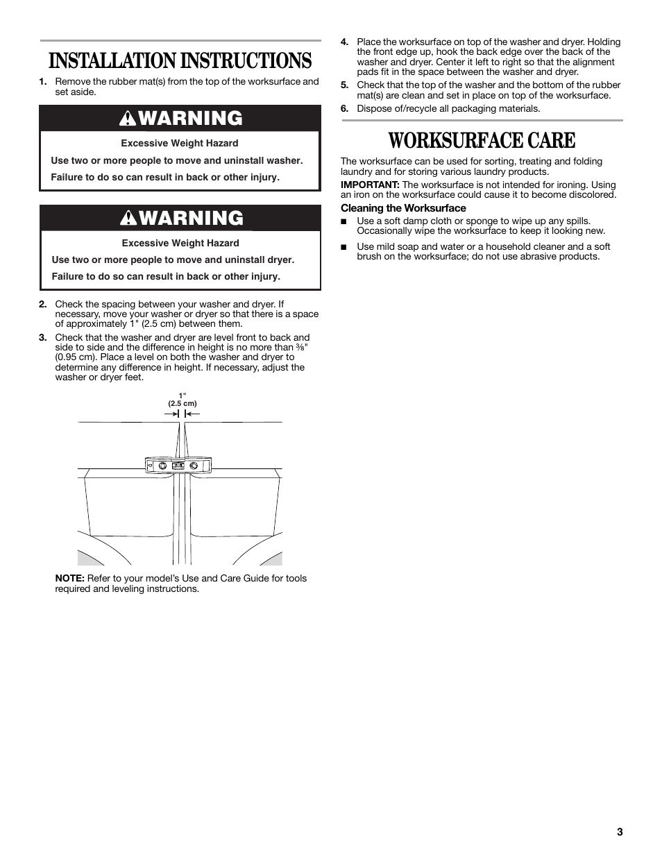 Installation instructions, Worksurface care, Warning | Whirlpool W10101296A User Manual | Page 3 / 12