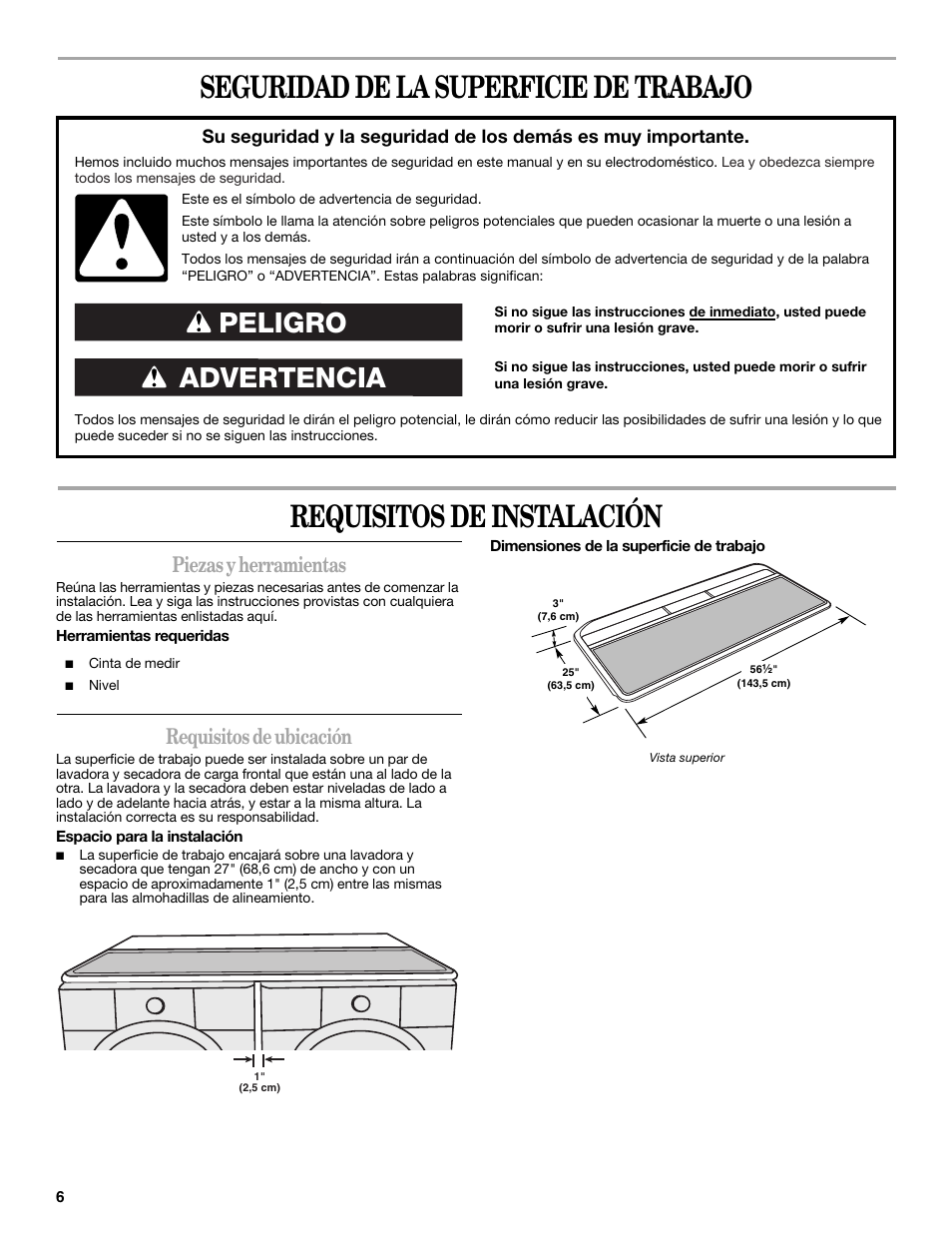 Advertencia peligro, Piezas y herramientas, Requisitos de ubicación | Whirlpool W10101296A User Manual | Page 6 / 12