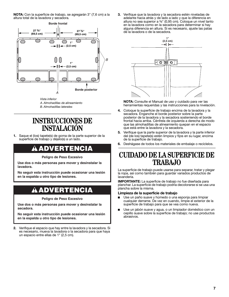 Instrucciones de instalación, Cuidado de la superficie de trabajo, Advertencia | Whirlpool W10101296A User Manual | Page 7 / 12