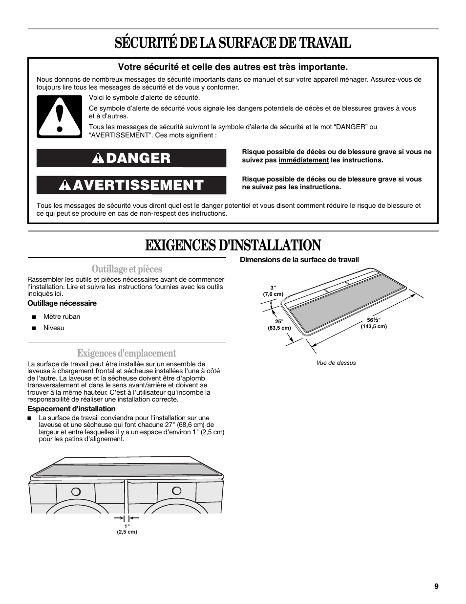 Avertissement danger, Outillage et pièces, Exigences d'emplacement | Whirlpool W10101296A User Manual | Page 9 / 12