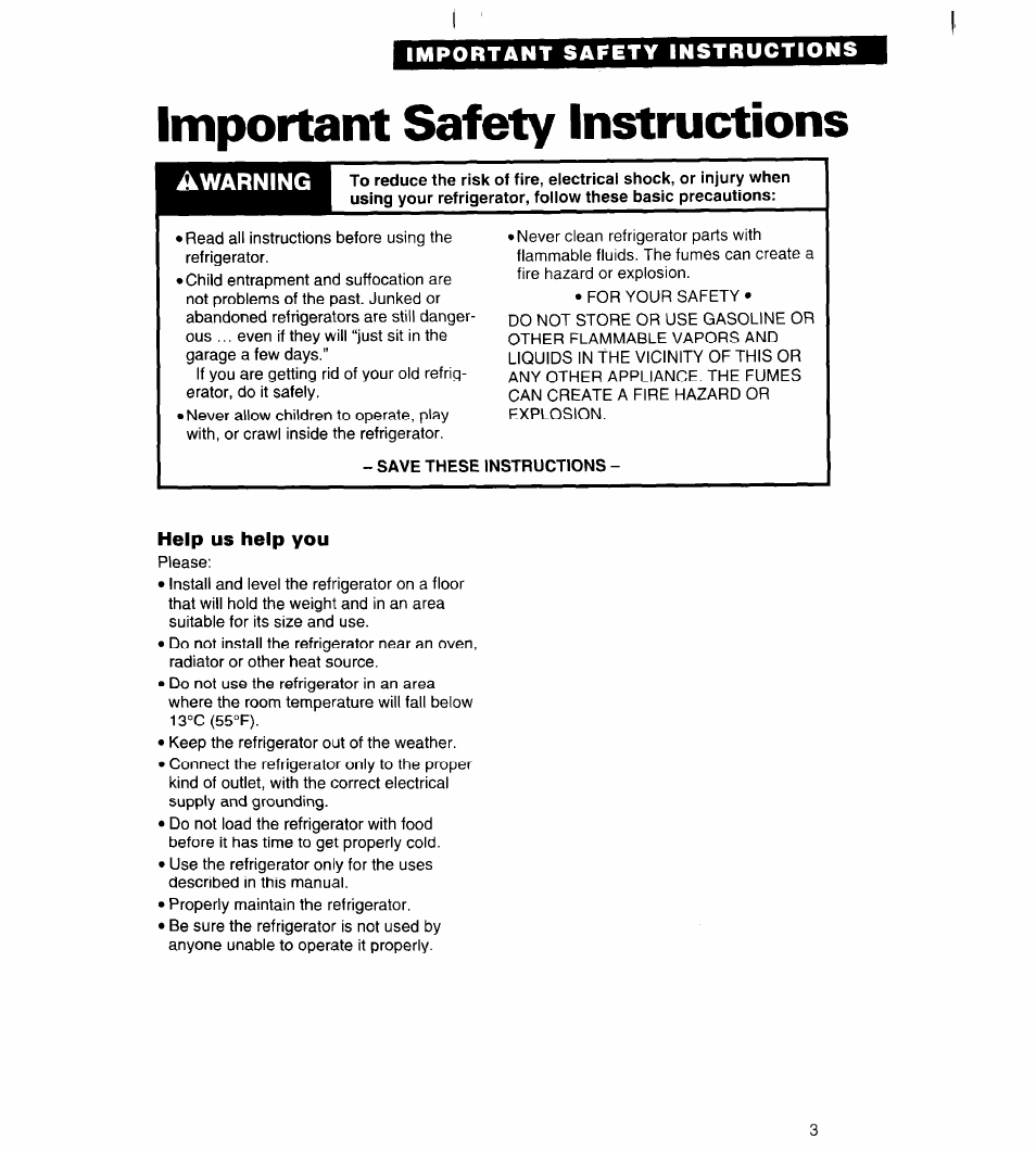 Important safety instructions, Save these instructions, Warning | Whirlpool 3VED27DQ User Manual | Page 3 / 30