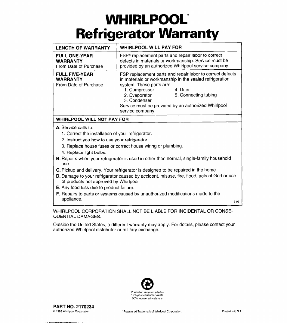 Whirlpool refrigerator warranty, Length of warranty, Whirlpool will pay for | Full one-year warranty, Full five-year warranty, Whirlpool will not pay for, Part no. 2170234 | Whirlpool 3VED27DQ User Manual | Page 30 / 30