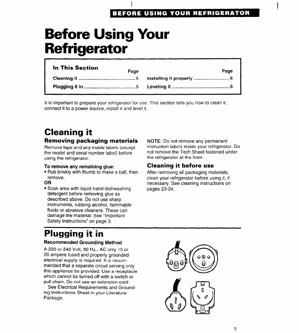 Before using your refrigerator, Cleaning it, Removing packaging materials | Cleaning it before use, Plugging it in | Whirlpool 3VED27DQ User Manual | Page 5 / 30