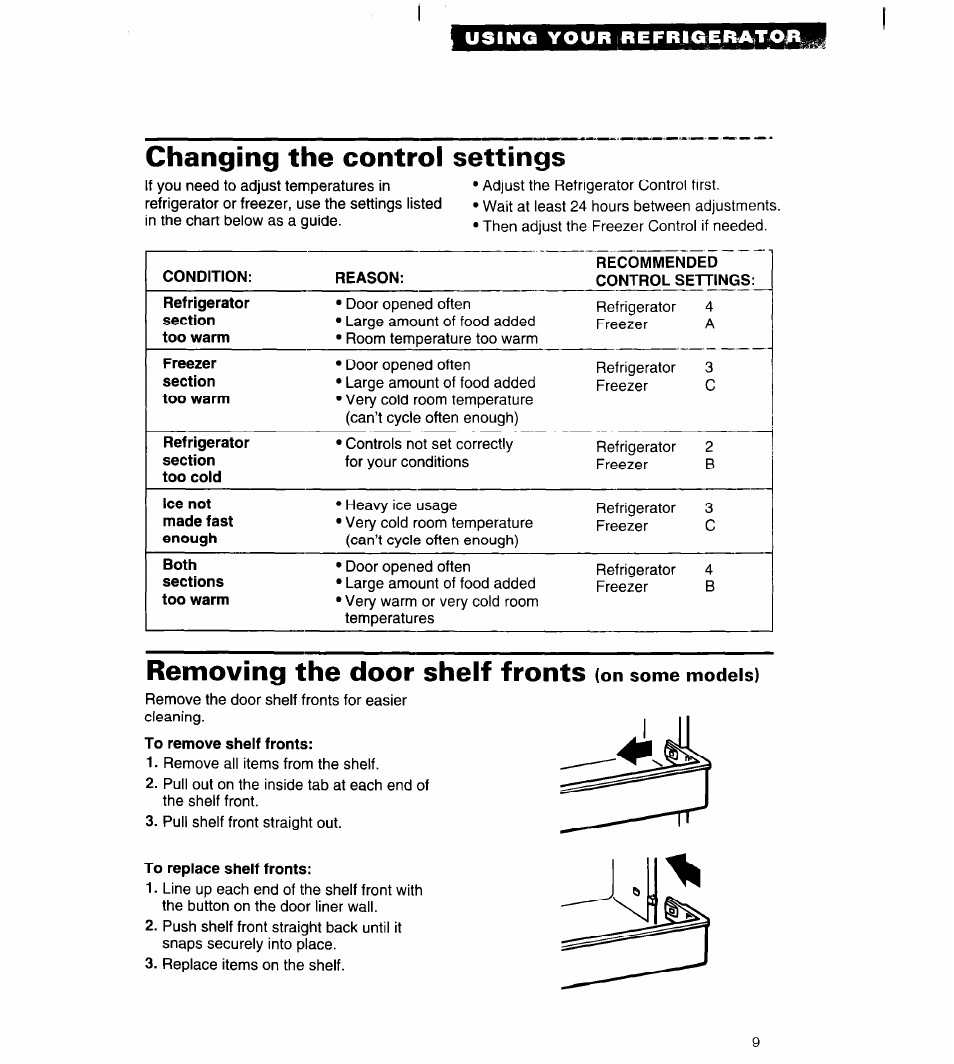 Changing the control settings, Removing the door shelf fronts (on some models), To remove shelf fronts | To replace shelf fronts, Removing the door shelf fronts | Whirlpool 3VED27DQ User Manual | Page 9 / 30