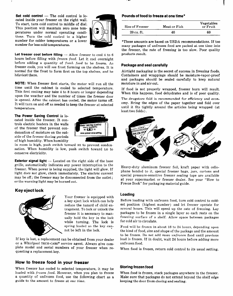 Pounds of food to freeze at one time, Key eject lock, Package and seal carefully | Loading, How to freeze food in your freezer, Storing frozen food | Whirlpool EEV 201 X User Manual | Page 2 / 4