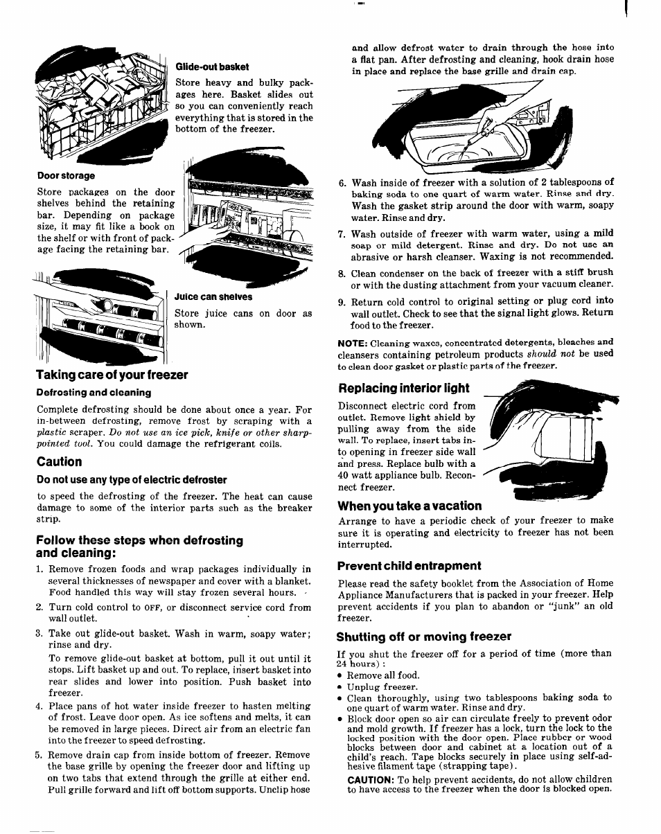 Glidc'out basket, Door storage, Taking care of your freezer | Defrosting and cleaning, Caution, Do not use any type of electric defroster, Follow these steps when defrosting and cleaning, Replacing interior light, When you take a vacation, Prevent child entrapment | Whirlpool EEV 201 X User Manual | Page 3 / 4