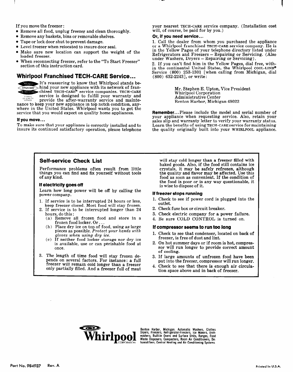 Whirlpool franchised tech-care service, If you move, Or, if you need service | Self-service check list, If electricity goes off, If freezer stops running, If compressor seems to run too long, Whirlpool | Whirlpool EEV 201 X User Manual | Page 4 / 4