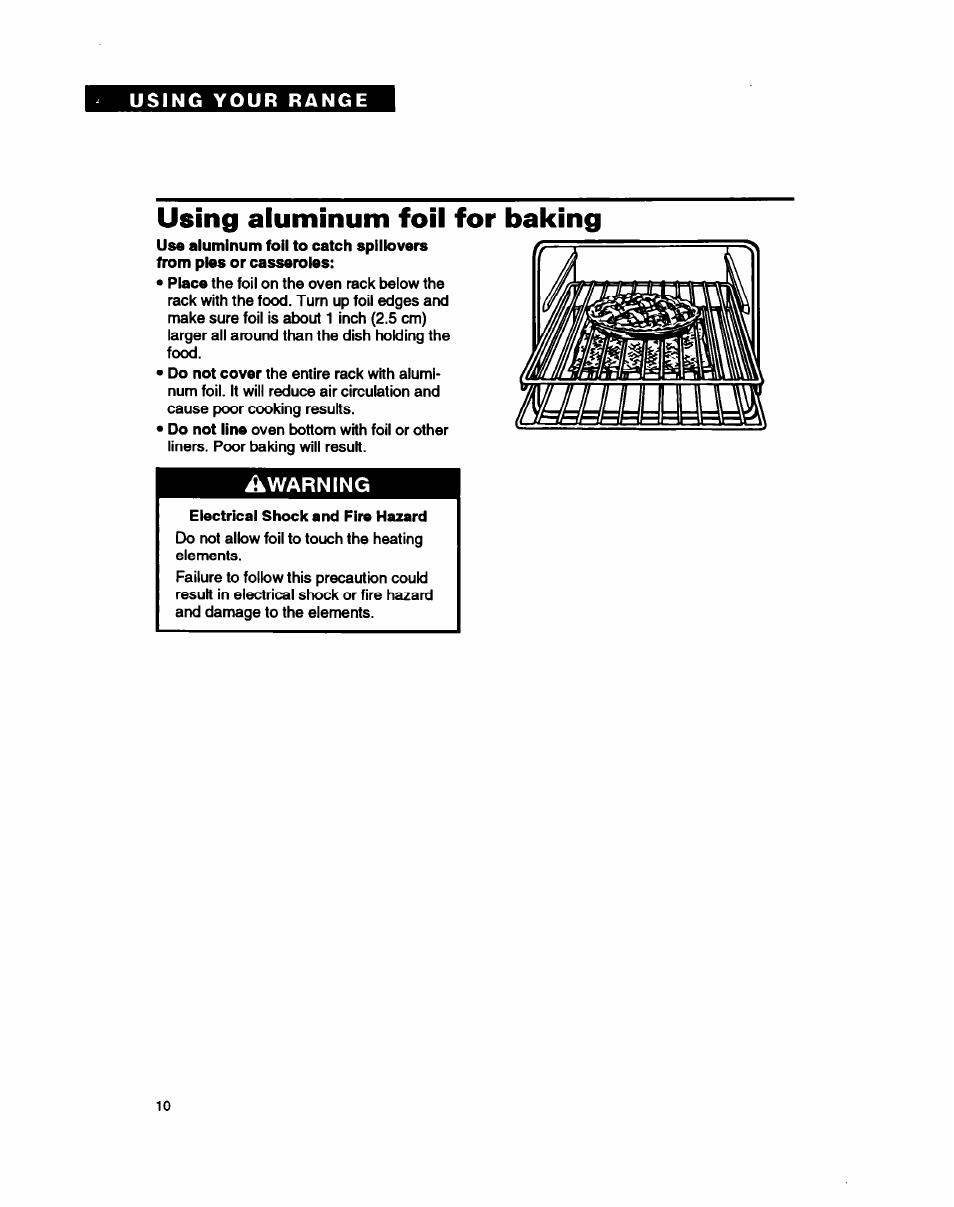 Using aluminum foil for baking, Warning | Whirlpool FEC330B User Manual | Page 10 / 30