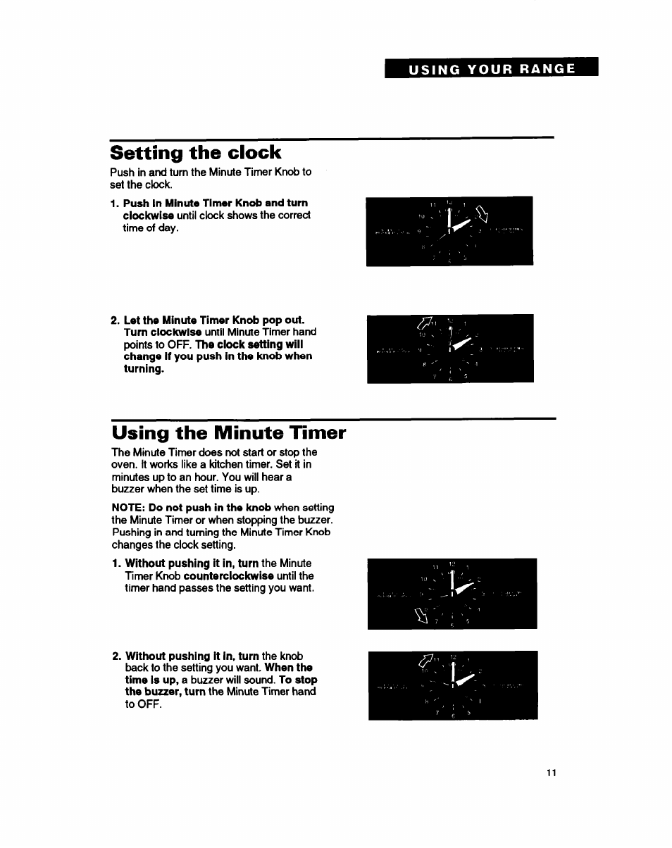 Setting the clock, Using the minute timer | Whirlpool FEC330B User Manual | Page 11 / 30