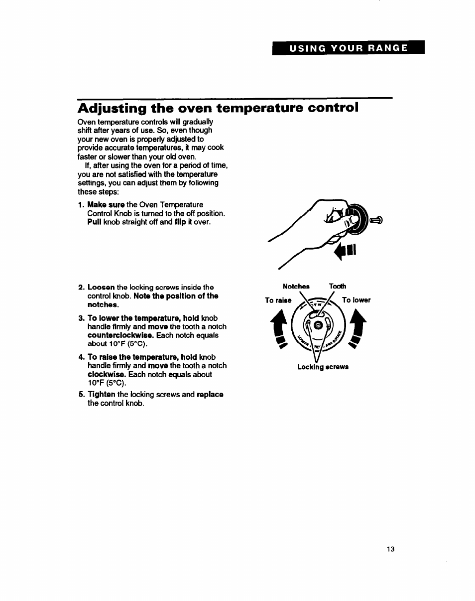 Adjusting the oven temperature control | Whirlpool FEC330B User Manual | Page 13 / 30