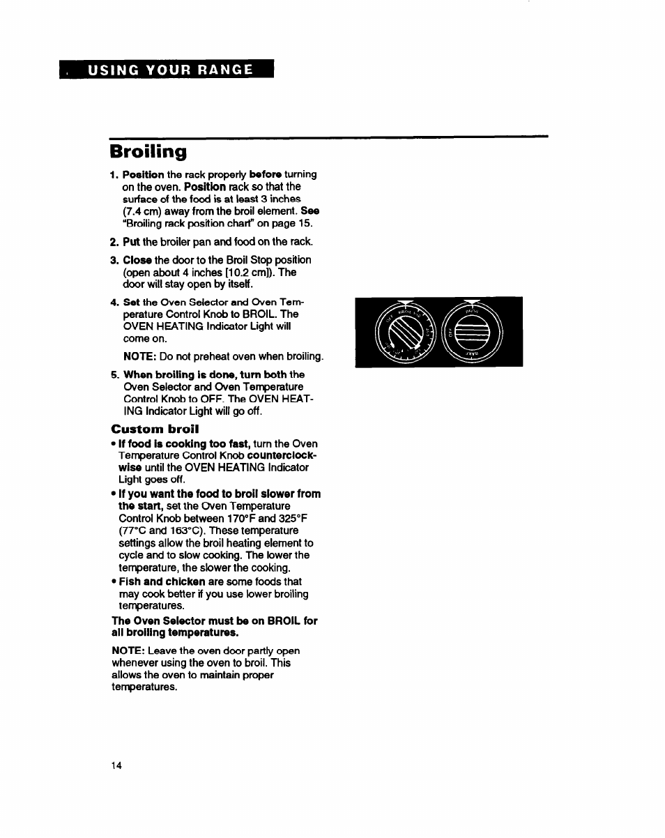 Broiling, Custom broil | Whirlpool FEC330B User Manual | Page 14 / 30