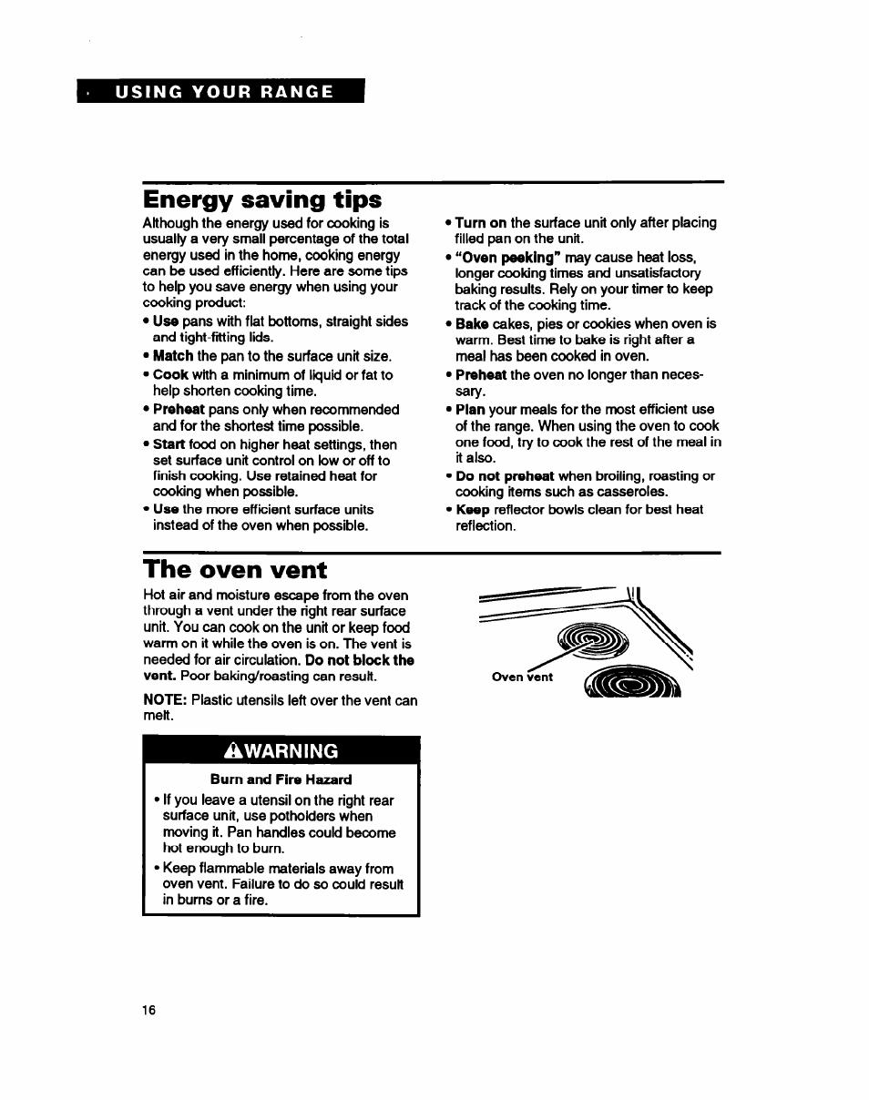 Energy saving tips, The oven vent, Warning | Whirlpool FEC330B User Manual | Page 16 / 30