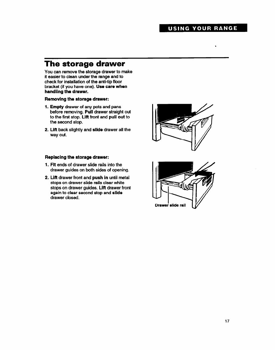 The storage drawer | Whirlpool FEC330B User Manual | Page 17 / 30