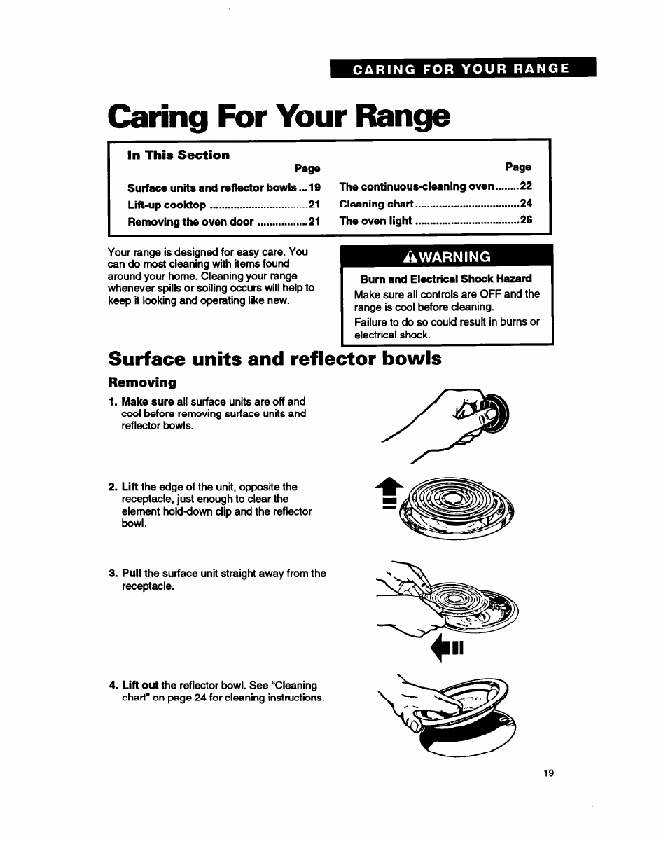 Caring for your range, Warning, Surface units and reflector bowls | Removing | Whirlpool FEC330B User Manual | Page 19 / 30