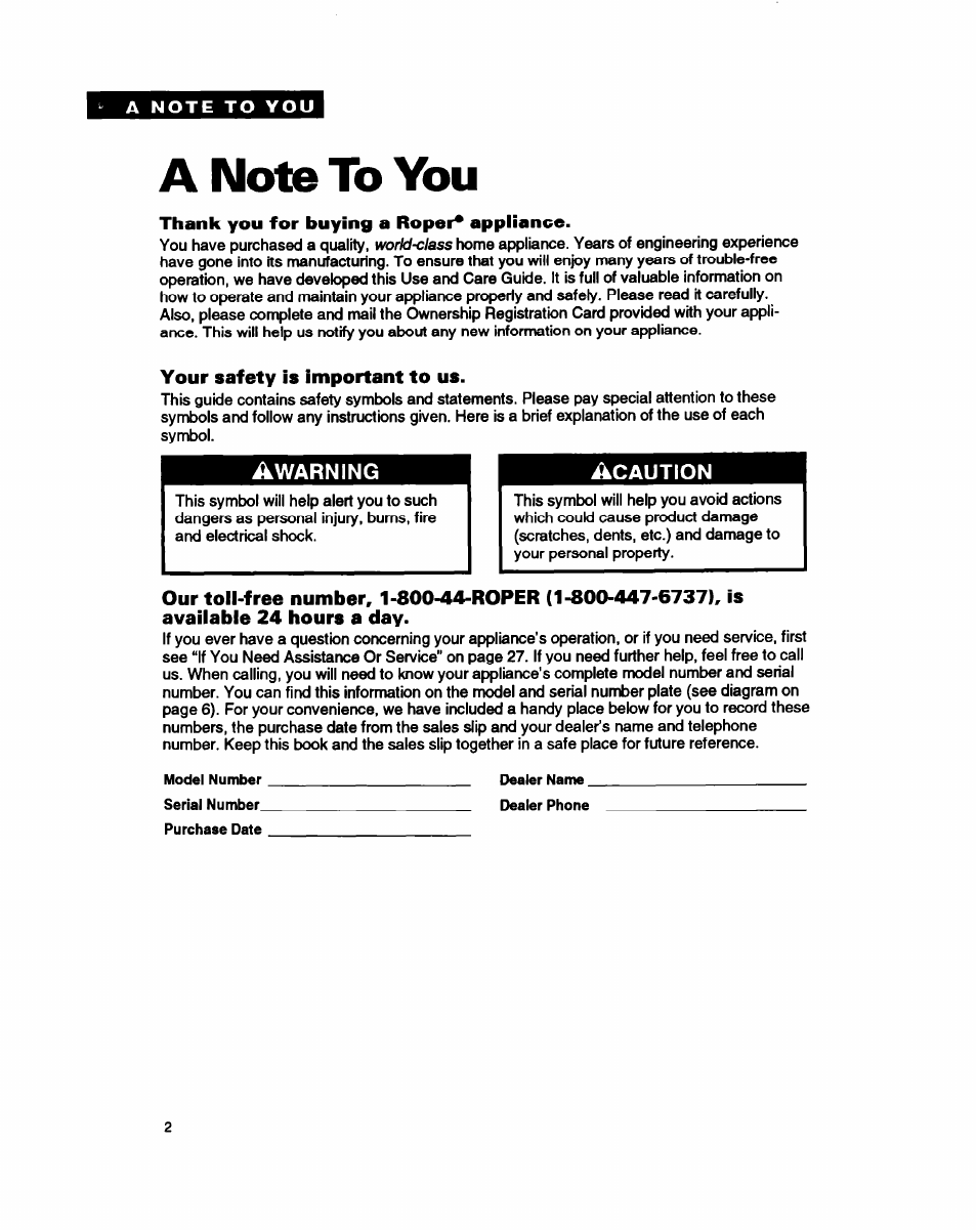 A note to you, Thank you for buying a roper* appliance, Your safety is important to us | Whirlpool FEC330B User Manual | Page 2 / 30