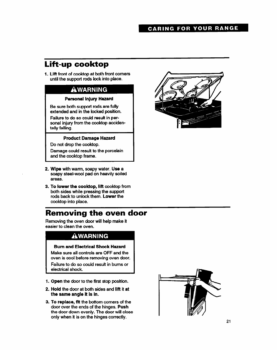 Lift-up cooktop, Warning, Removing the oven door | Whirlpool FEC330B User Manual | Page 21 / 30