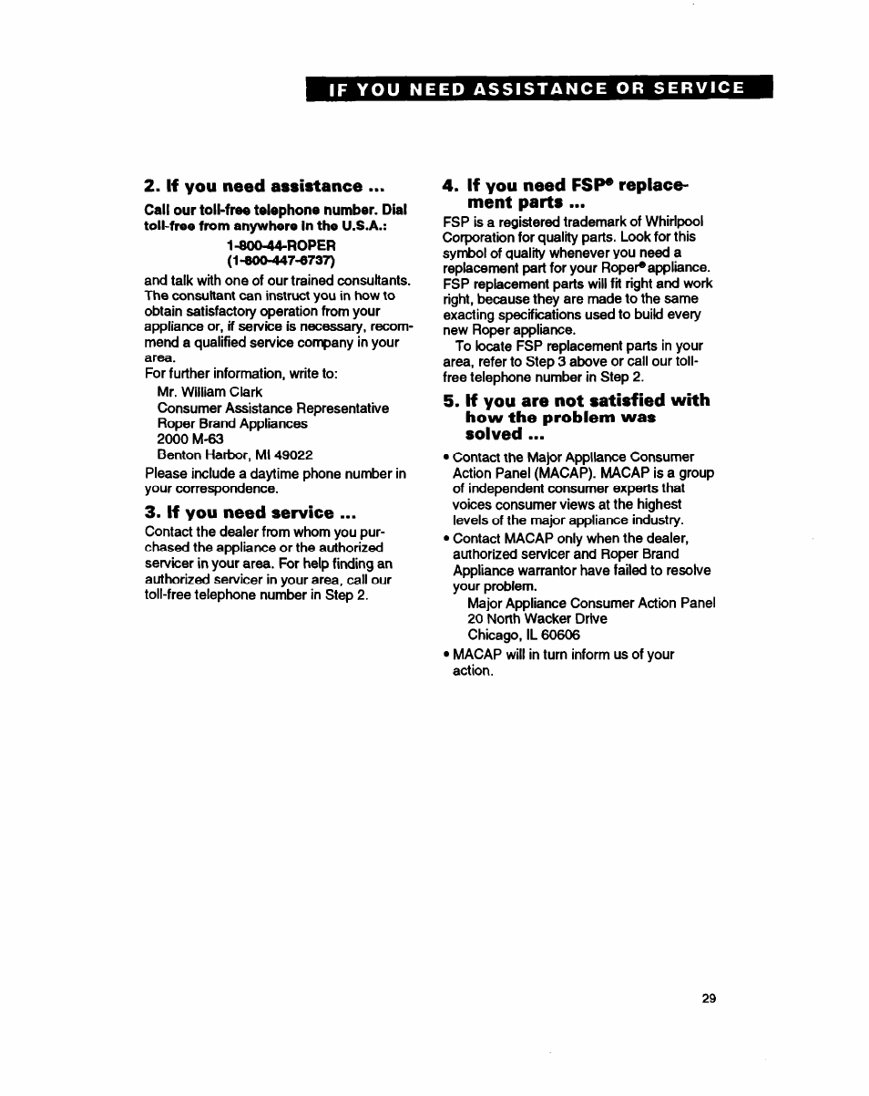 If you need assistance, If you need service, If you need fsp* replacement parts | If you need fsp* replace­ ment parts | Whirlpool FEC330B User Manual | Page 29 / 30