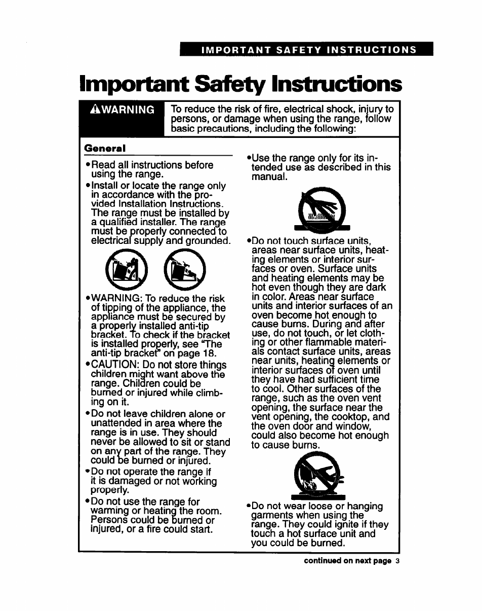 Important safety instructions, General | Whirlpool FEC330B User Manual | Page 3 / 30