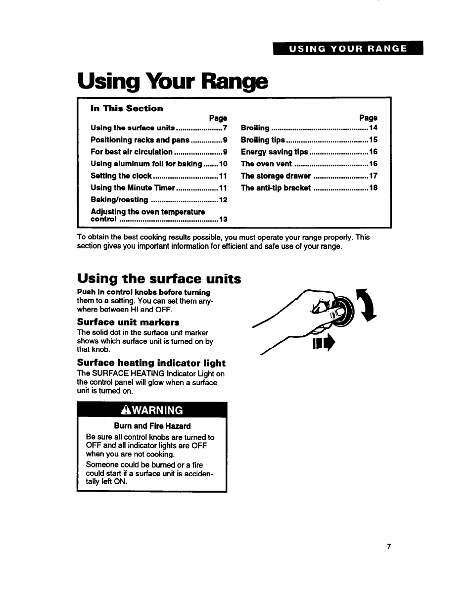 Using \bur range, Using the surface units, Surface unit markers | Surface heating indicator light, Warning | Whirlpool FEC330B User Manual | Page 7 / 30