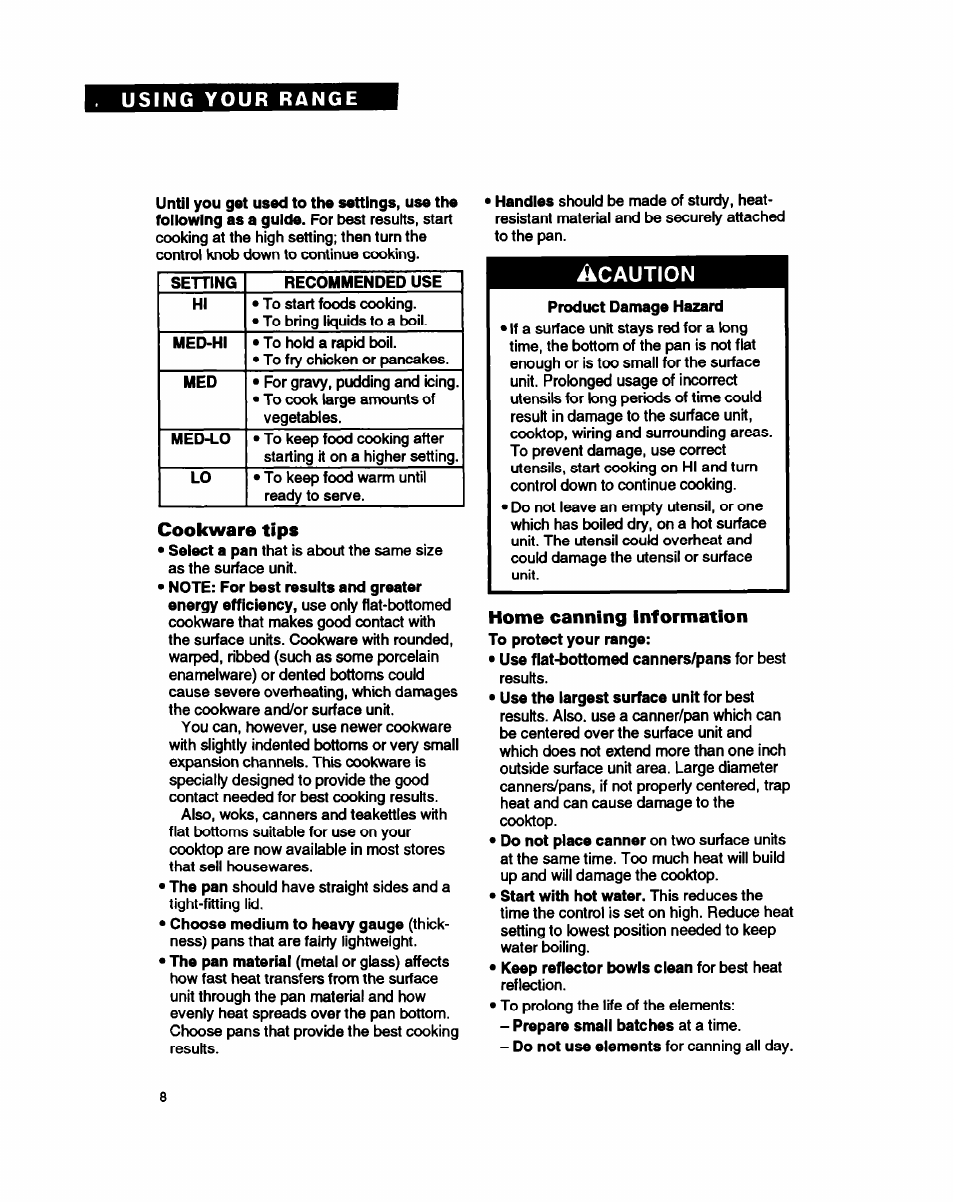 Cookware tips, Home canning information | Whirlpool FEC330B User Manual | Page 8 / 30