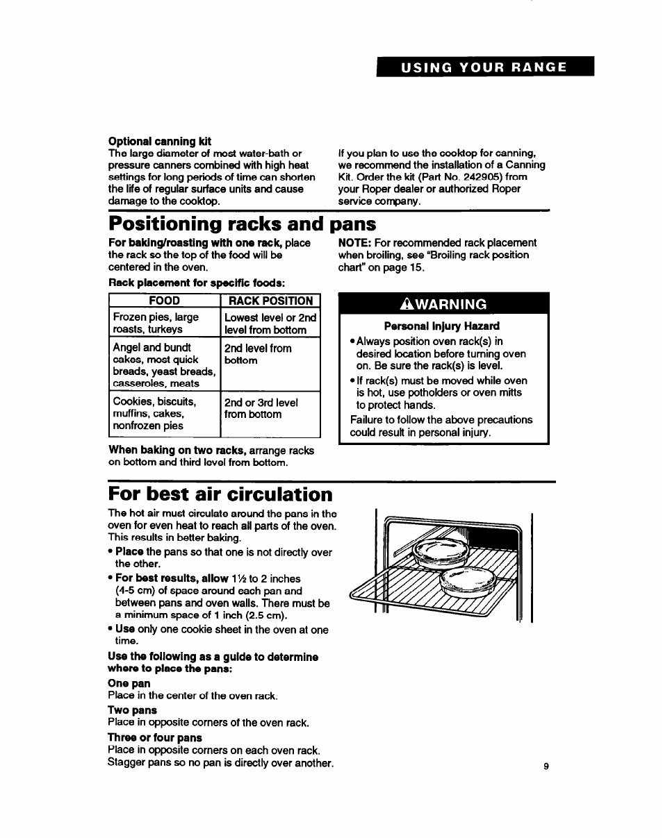 Positioning racks and pans, Warning, For best air circulation | Whirlpool FEC330B User Manual | Page 9 / 30