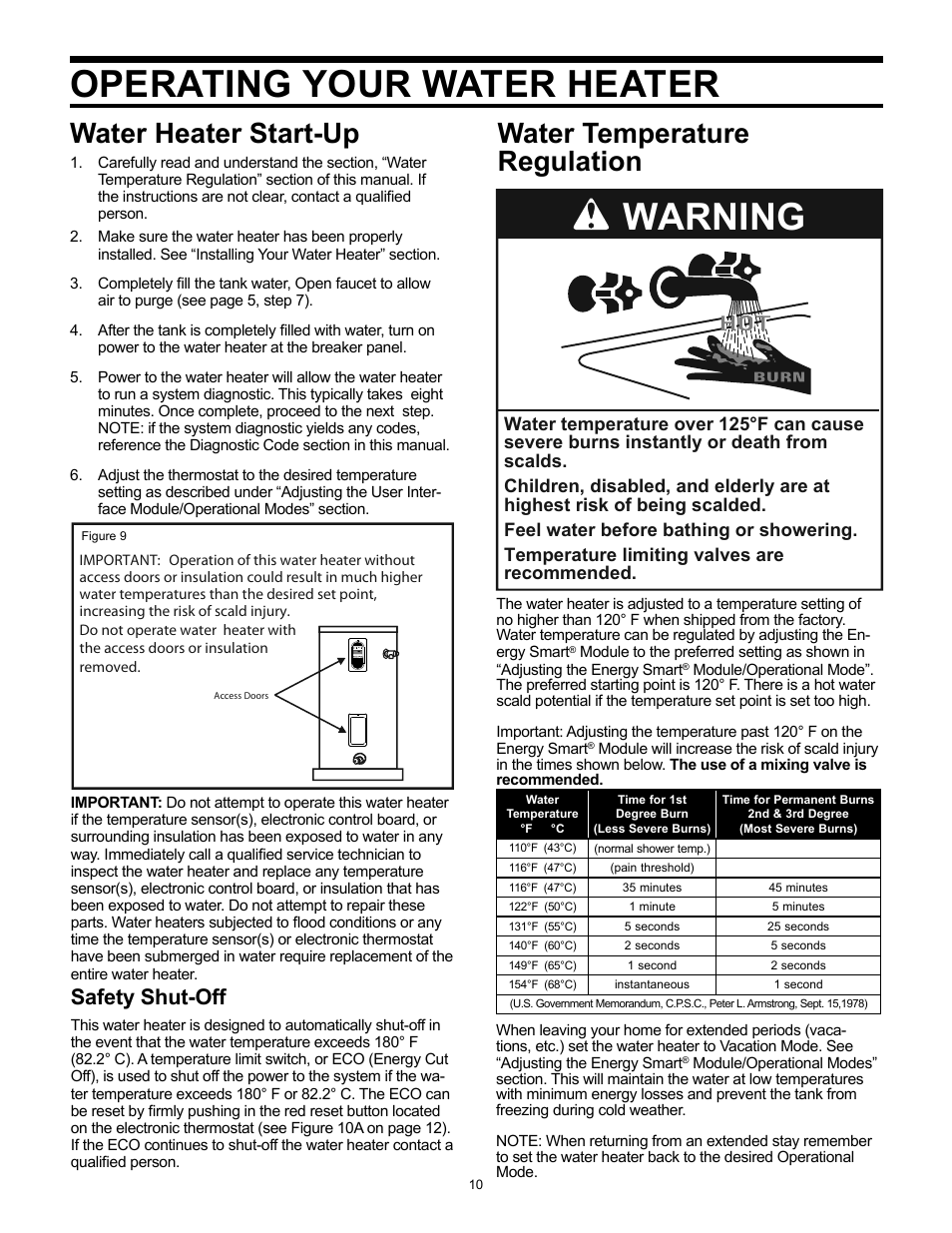 Operating your water heater, Warning, Water heater start-up | Water temperature regulation, Safety shut-off | Whirlpool Energy Smart 188414 User Manual | Page 10 / 24