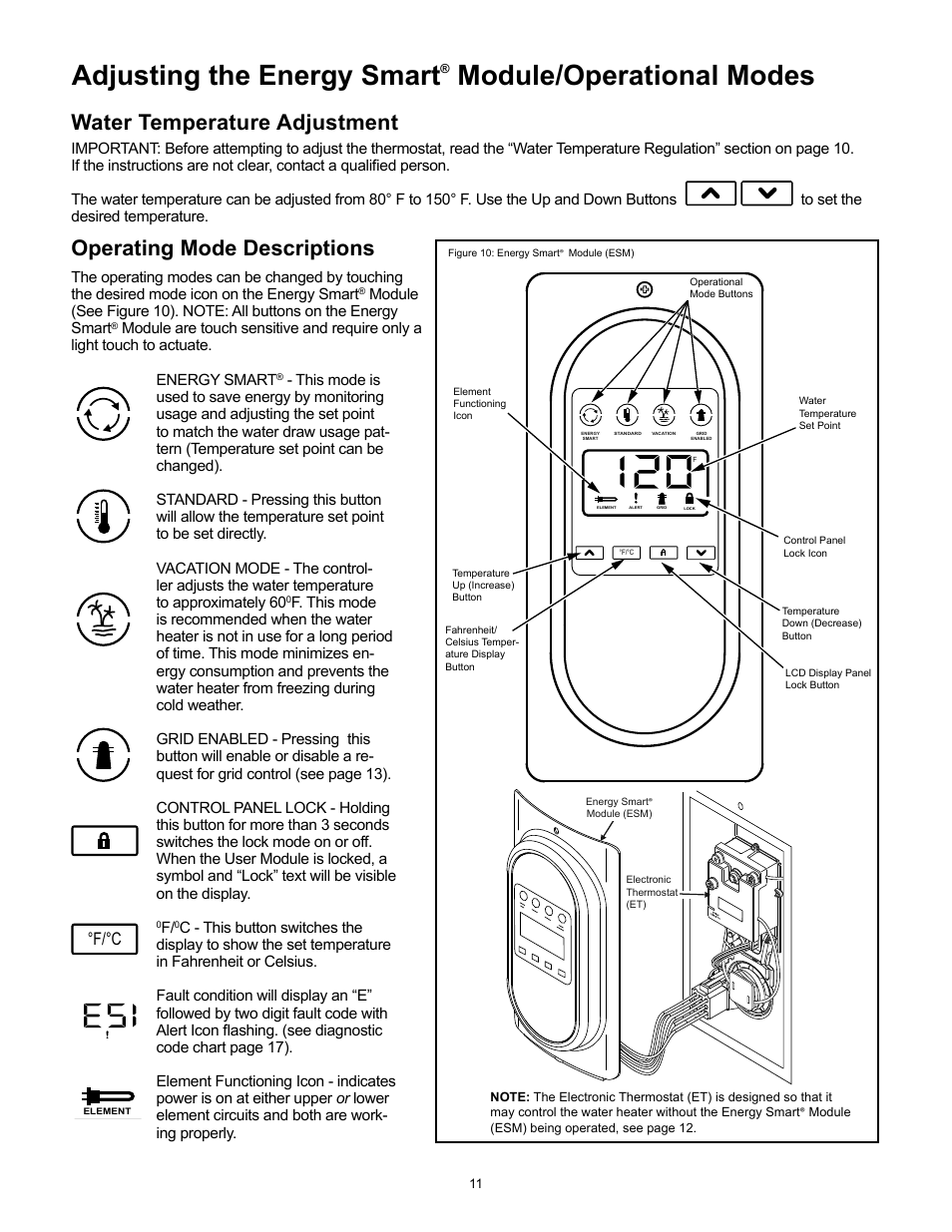 Adjusting the energy smart, Module/operational modes, Operating mode descriptions | Water temperature adjustment, F/°c | Whirlpool Energy Smart 188414 User Manual | Page 11 / 24