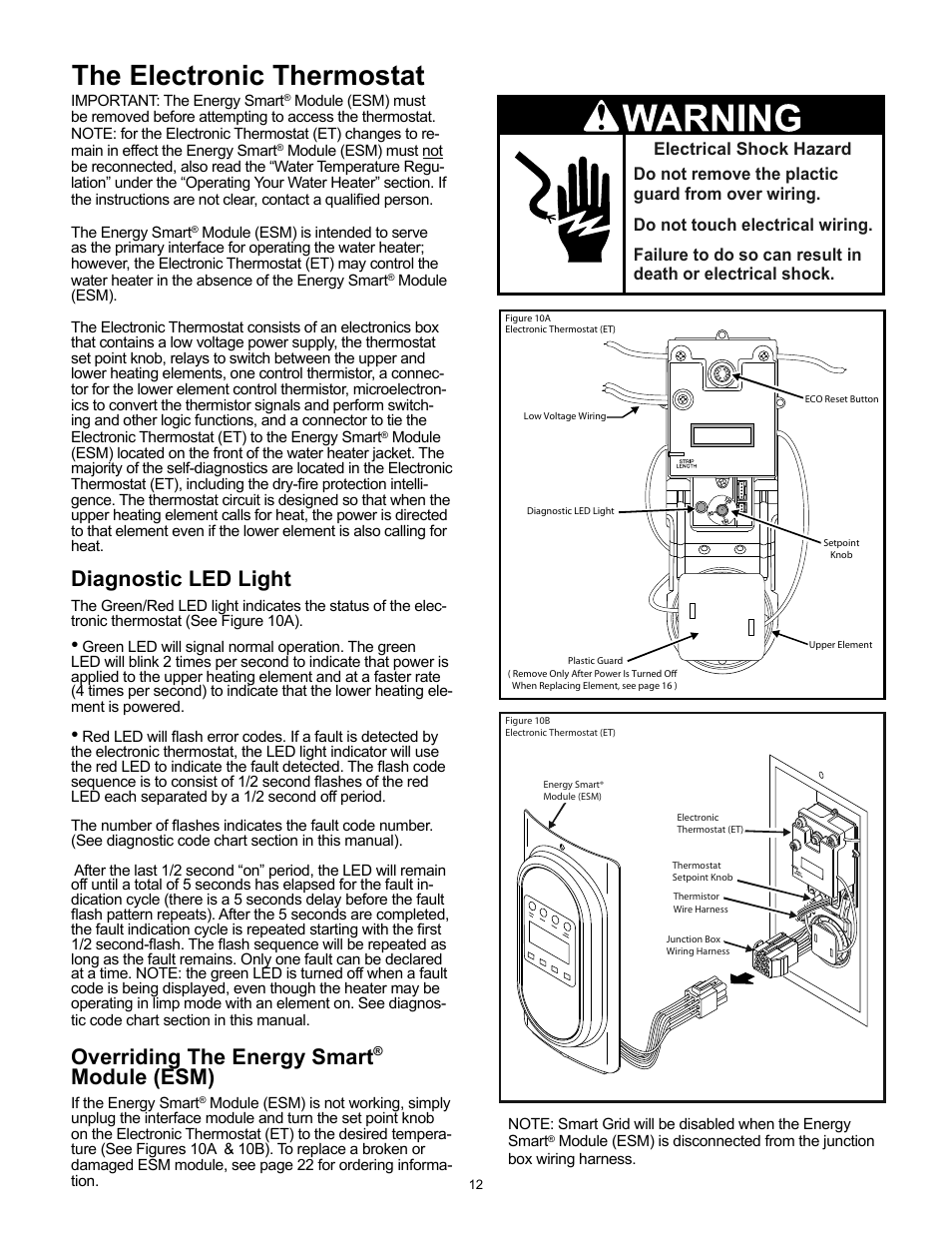 The electronic thermostat, Diagnostic led light, Overriding the energy smart | Module (esm) | Whirlpool Energy Smart 188414 User Manual | Page 12 / 24