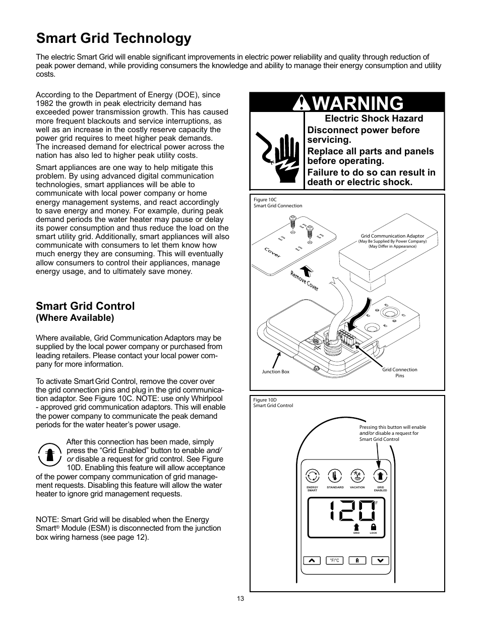 Warning, Smart grid technology, Smart grid control | Where available) | Whirlpool Energy Smart 188414 User Manual | Page 13 / 24