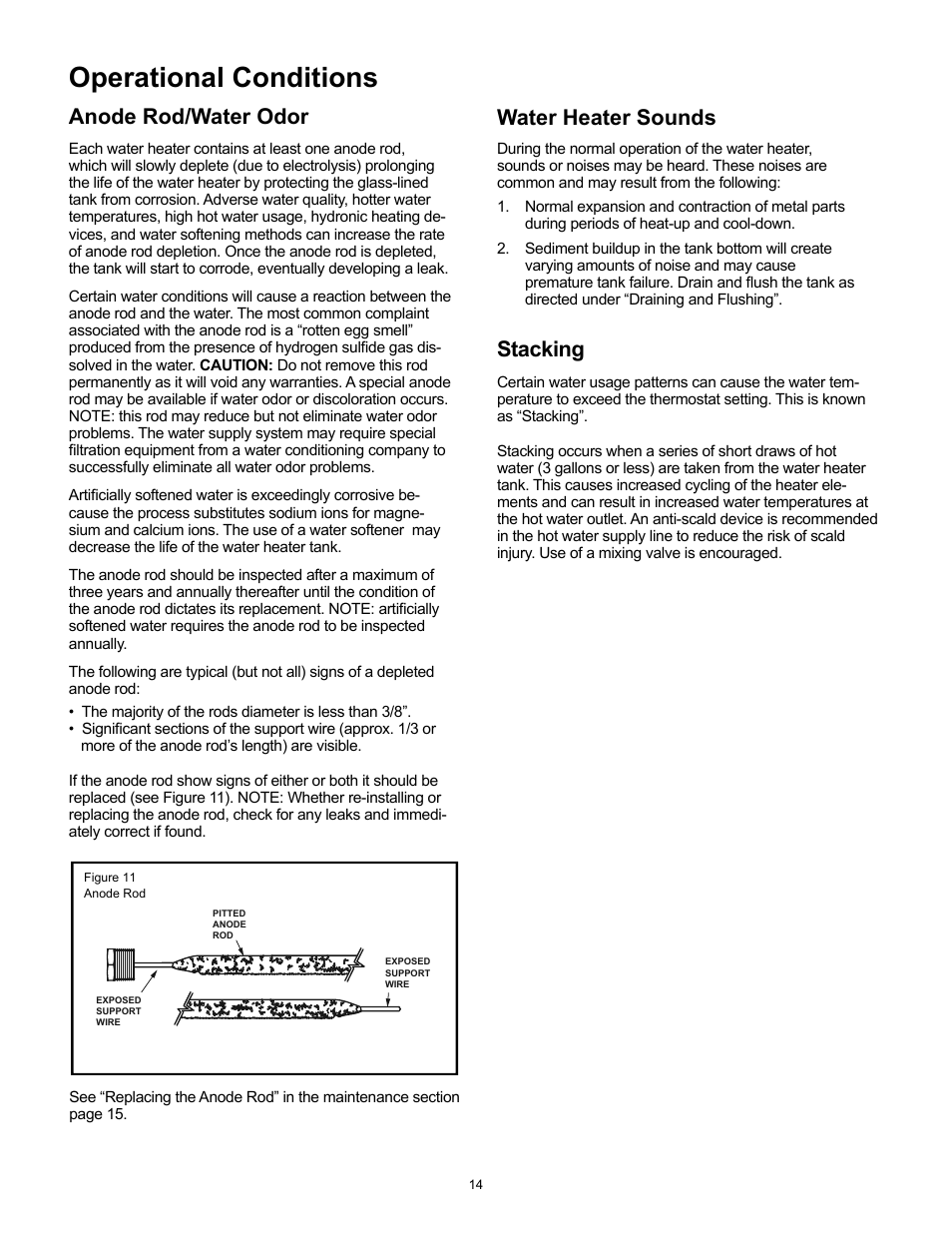 Operational conditions, Anode rod/water odor, Water heater sounds | Stacking | Whirlpool Energy Smart 188414 User Manual | Page 14 / 24