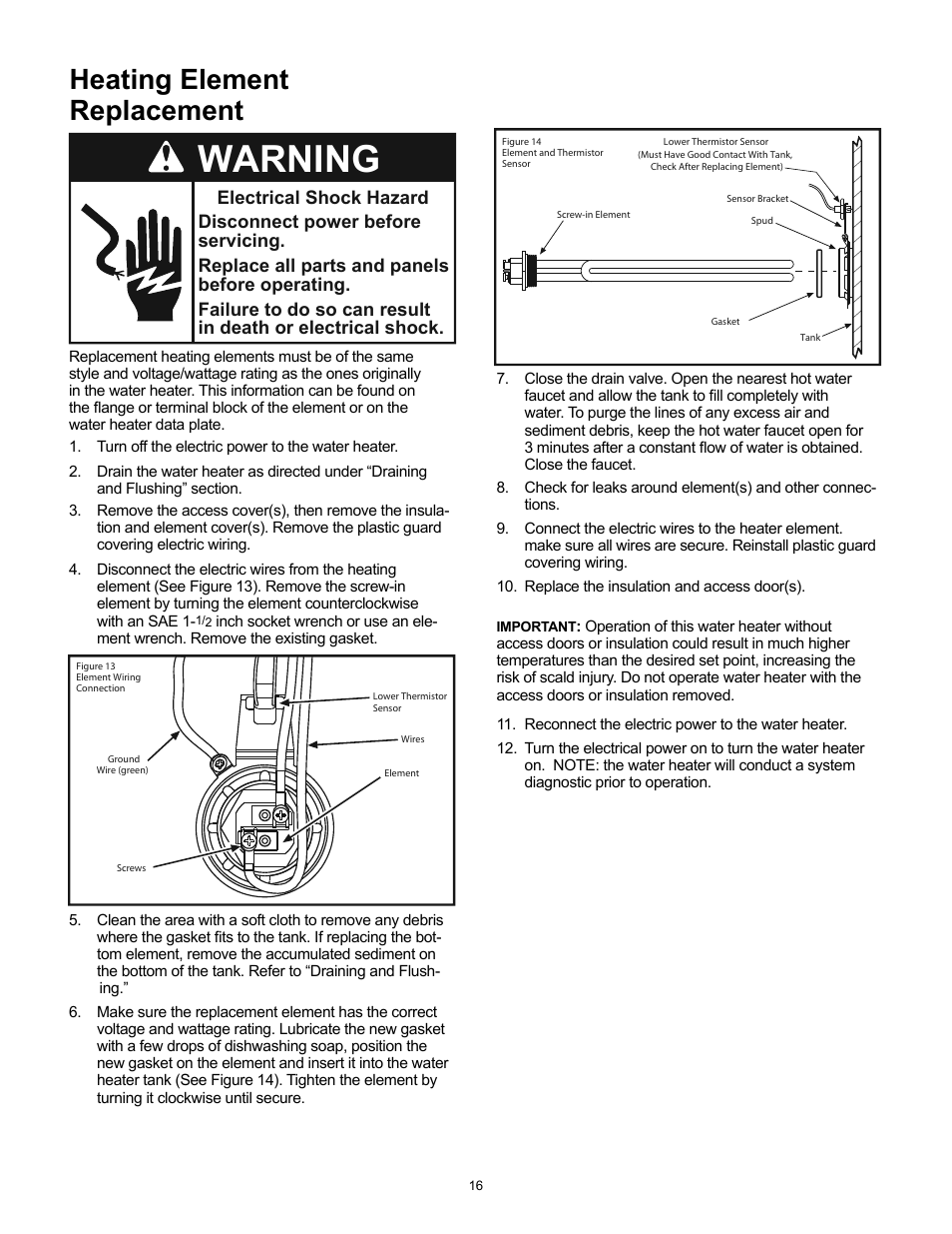 Warning, Heating element replacement | Whirlpool Energy Smart 188414 User Manual | Page 16 / 24