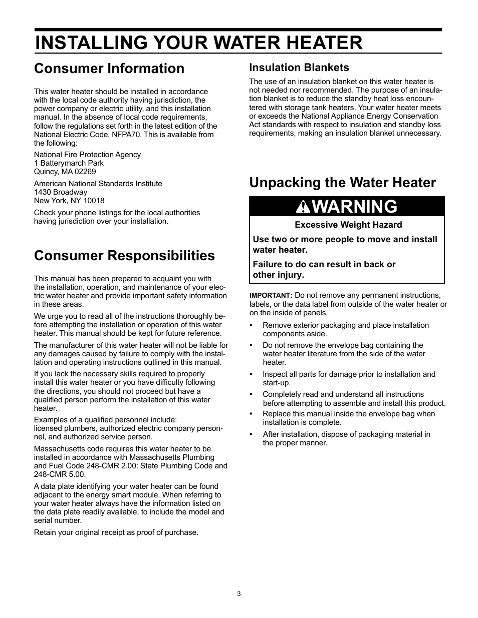 Installing your water heater, Warning, Consumer information | Consumer responsibilities, Unpacking the water heater, Insulation blankets, Removing packaging materials | Whirlpool Energy Smart 188414 User Manual | Page 3 / 24