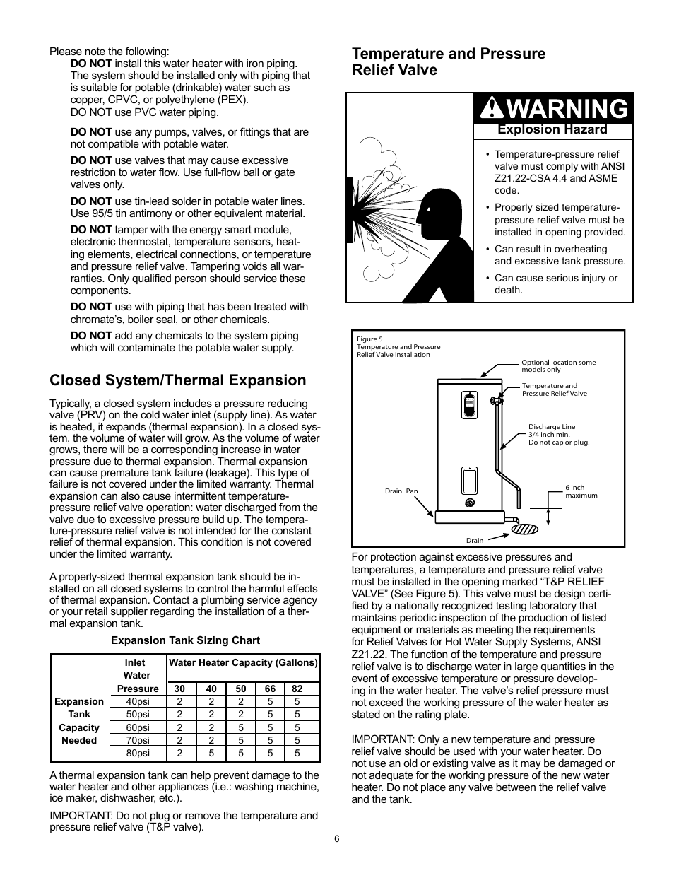 Closed system/thermal expansion, Temperature and pressure relief valve, Explosion hazard | Whirlpool Energy Smart 188414 User Manual | Page 6 / 24