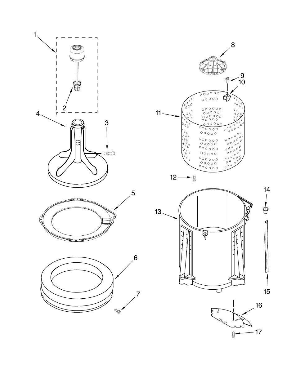 Agitator, basket and tub, Agitator, basket and tub parts | Whirlpool LCE4332PQ0 User Manual | Page 5 / 10