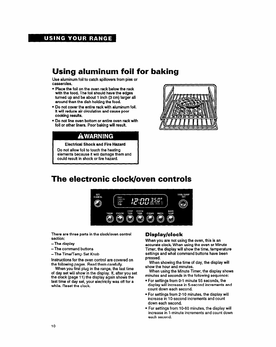 Using aluminum foil for baking, The electronic clock/oven controls, Display/clock | Ujüüm | Whirlpool FES340Y User Manual | Page 10 / 32