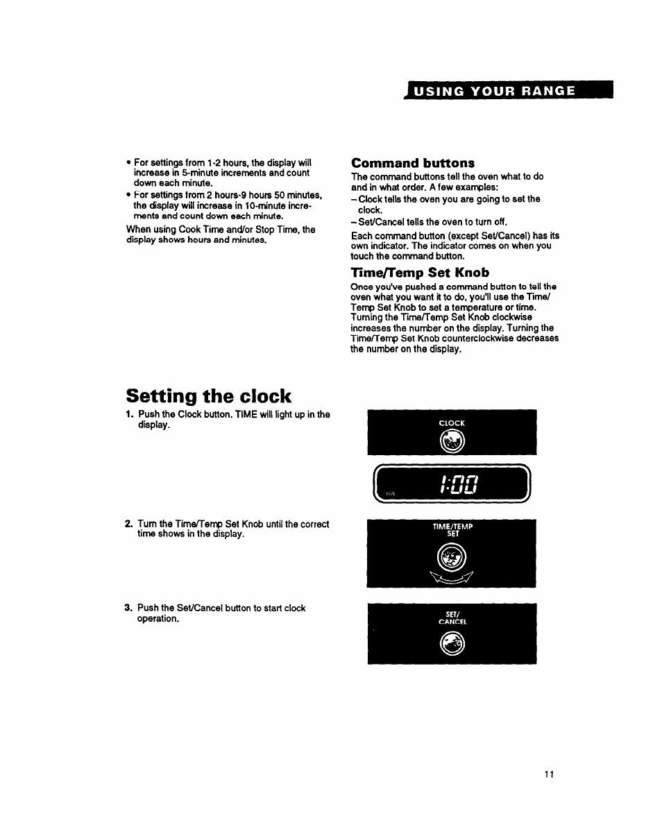 Command buttons, Time/temp set knob, Setting the clock | I'uu | Whirlpool FES340Y User Manual | Page 11 / 32