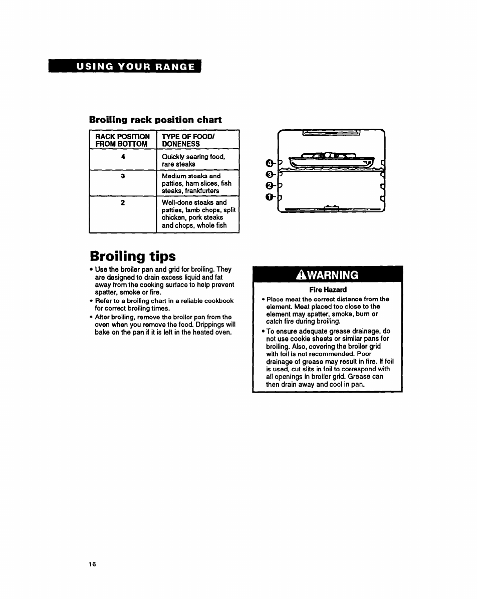 Broiling rack position chart, Broiling tips, Warning | Whirlpool FES340Y User Manual | Page 16 / 32