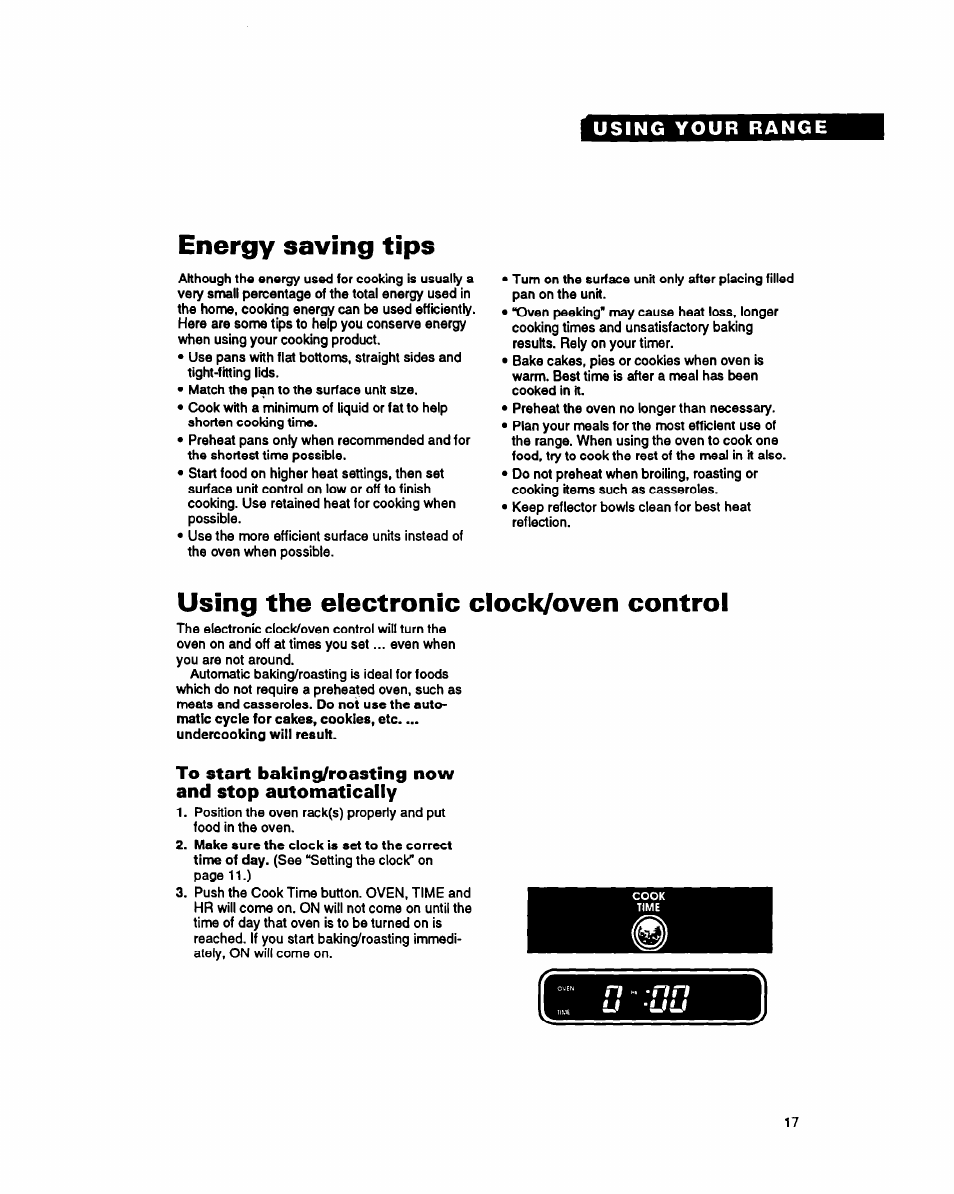 Energy saving tips, Using the electronic clock/oven control | Whirlpool FES340Y User Manual | Page 17 / 32
