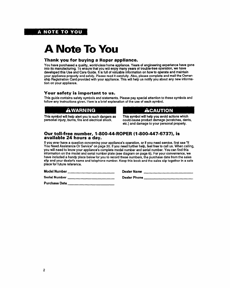 A note to you, Thank you for buying a roper appliance, Your safety is important to us | Warning, Caution | Whirlpool FES340Y User Manual | Page 2 / 32