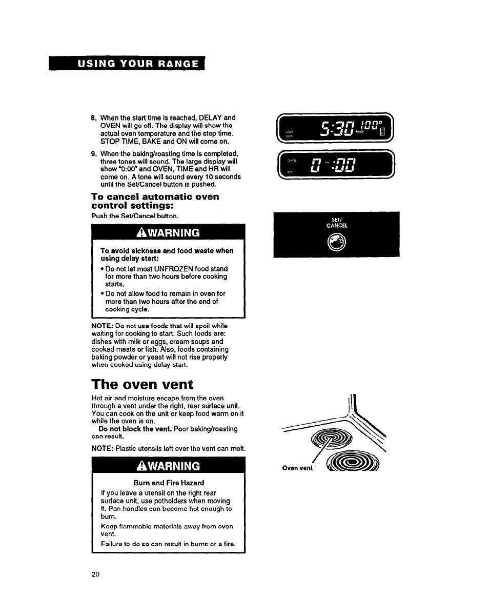 To cancel automatic oven control settings, The oven vent, Warning | Whirlpool FES340Y User Manual | Page 20 / 32