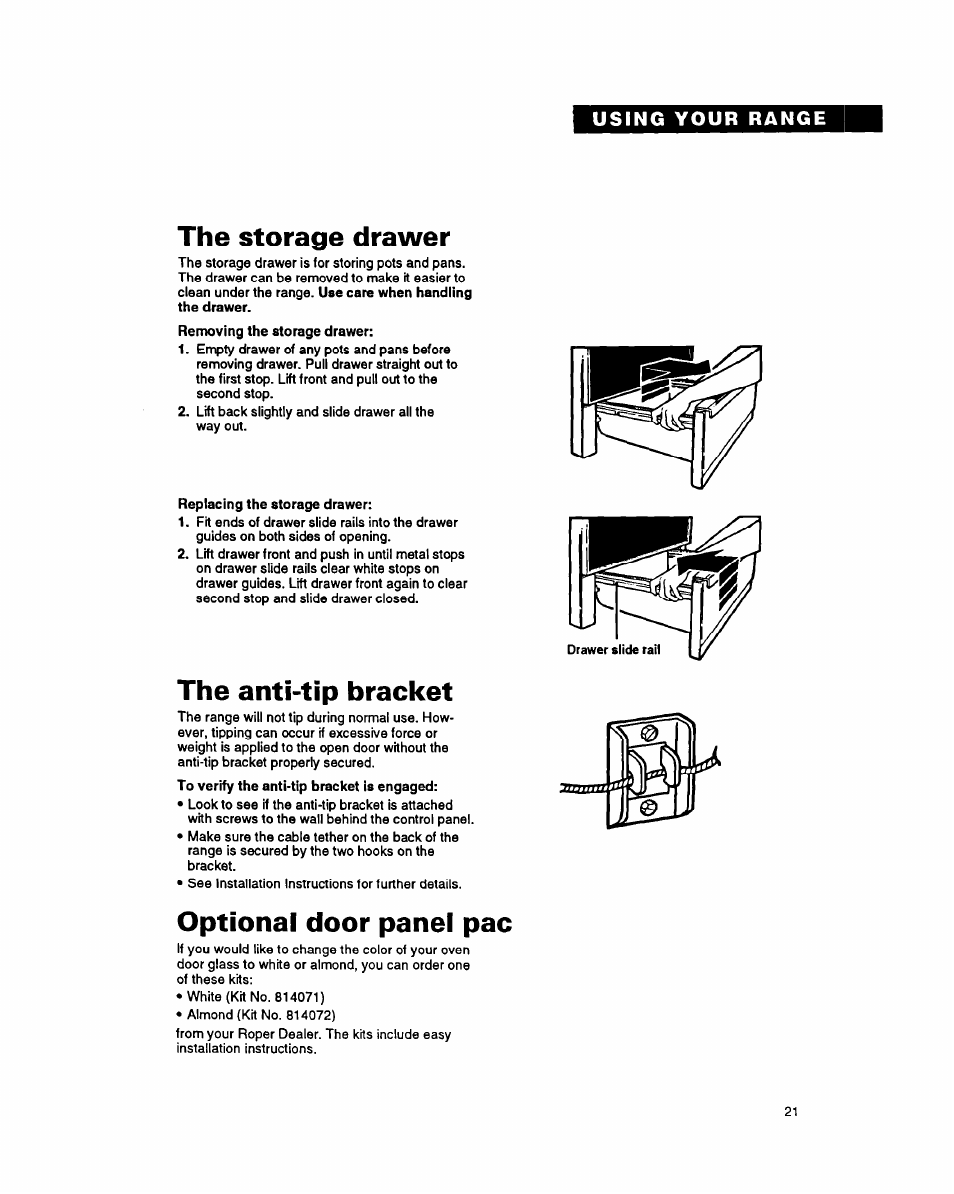 The storage drawer, The anti-tip bracket, Optional door panel рас | Whirlpool FES340Y User Manual | Page 21 / 32